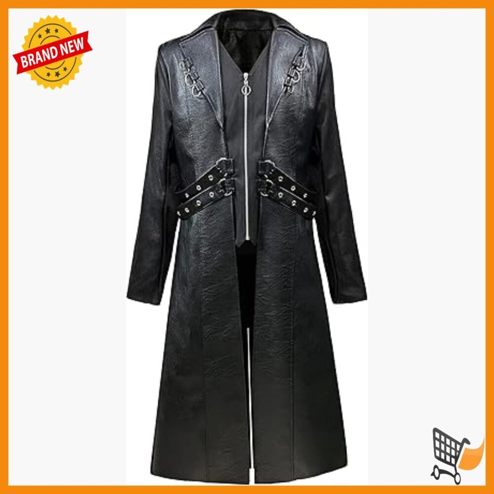Men's Steampunk Faux Leather Trench Coat Motorcycle Jacket